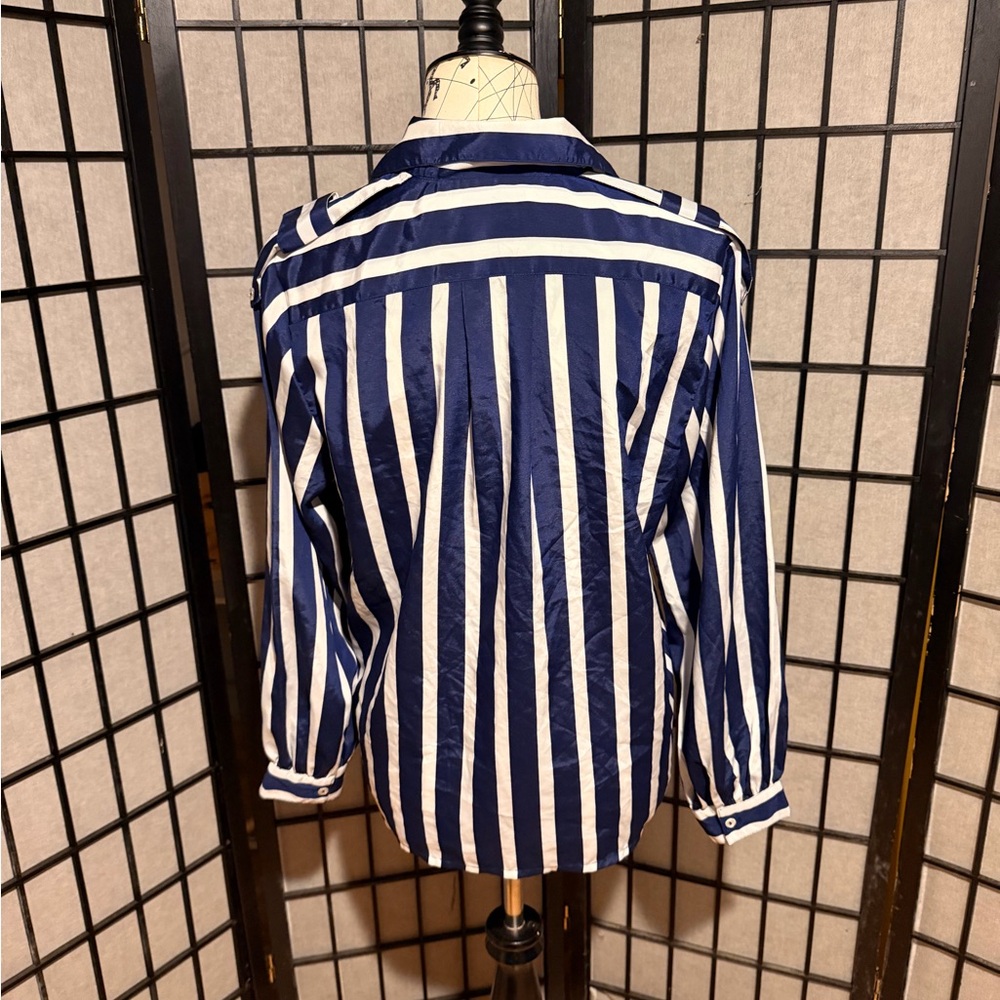 Josephine Vintage button down Navy/White Striped Women's blouse work office 8 - Picture 3 of 4